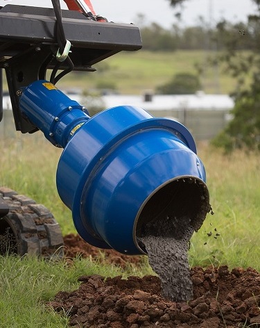 Sunshine-coast-wolvie-excavation-hire-wet-hire-auger-drive-on-Skid-Steer-with-cement-mixer-bowl-tipping-out